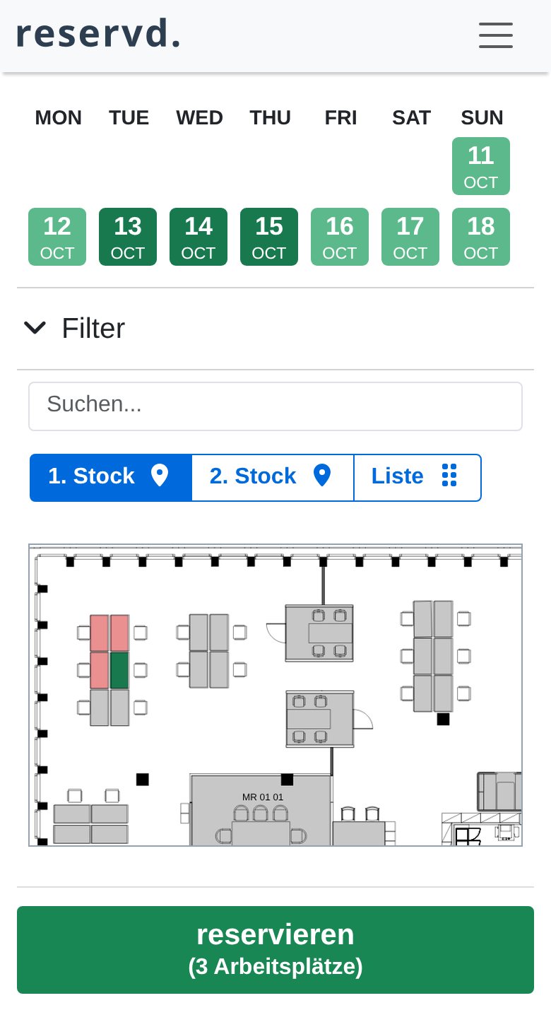 reservd auf dem Handy: drei Tage ausgewählt, Plätze auf dem Grundriss, Knopf «reservieren (3 Arbeitsplätze)»