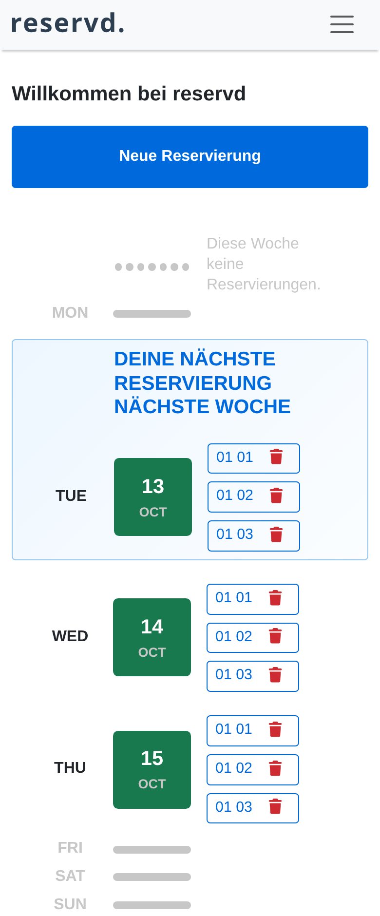 reservd auf dem Handy: Übersicht der eigenen Reservationen für Dienstag bis Donnerstag mit je drei Plätzen